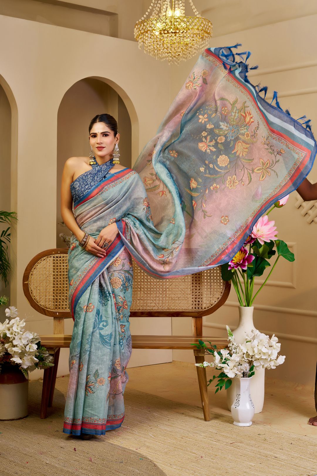 Sky Blue Tissue Handloom Cotton Saree with Floral Print