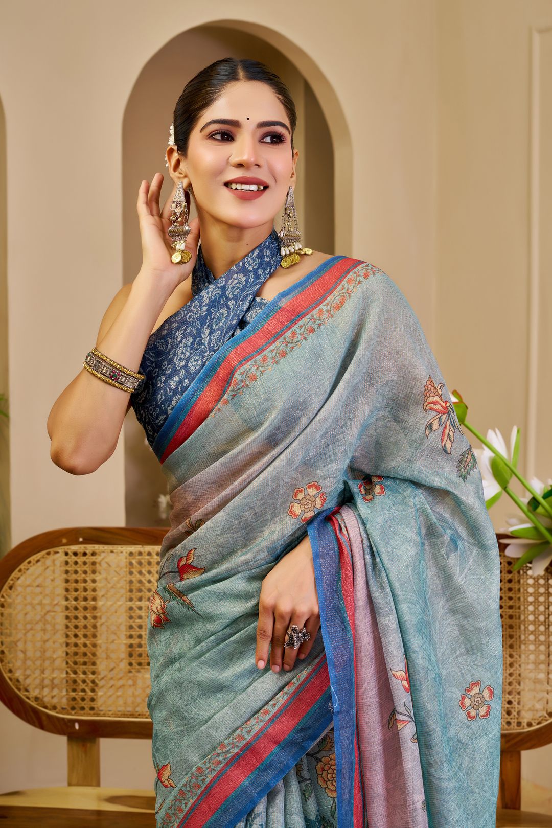 Sky Blue Tissue Handloom Cotton Saree with Floral Print