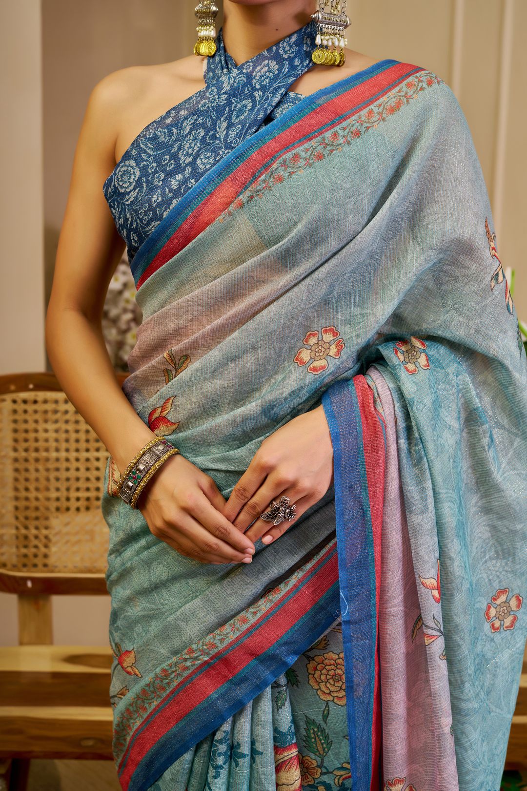 Sky Blue Tissue Handloom Cotton Saree with Floral Print