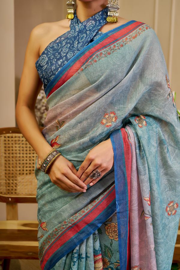 Sky Blue Tissue Handloom Cotton Saree with Floral Print
