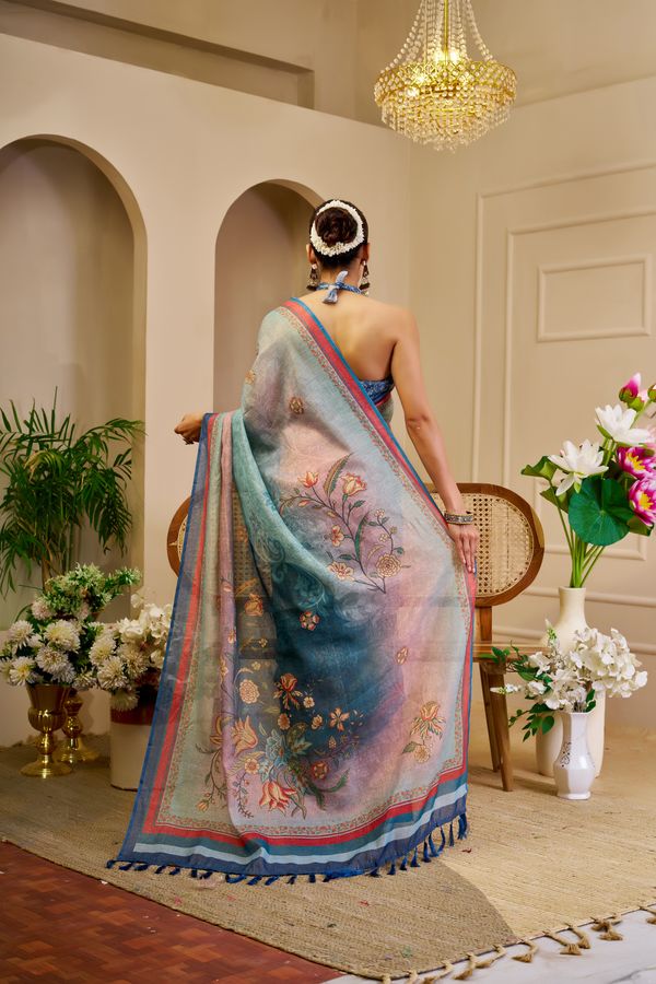 Sky Blue Tissue Handloom Cotton Saree with Floral Print