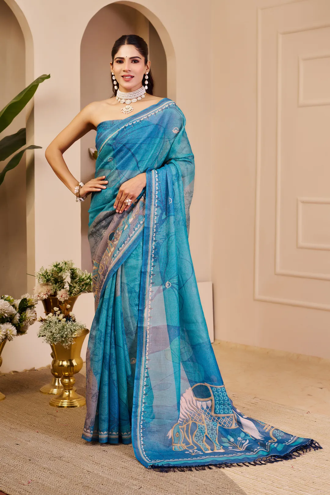 Varnavi Blue Tissue Handloom Cotton Saree with Floral Print