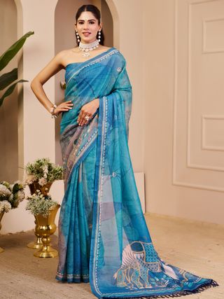 Varnavi Blue Tissue Handloom Cotton Saree with Floral Print