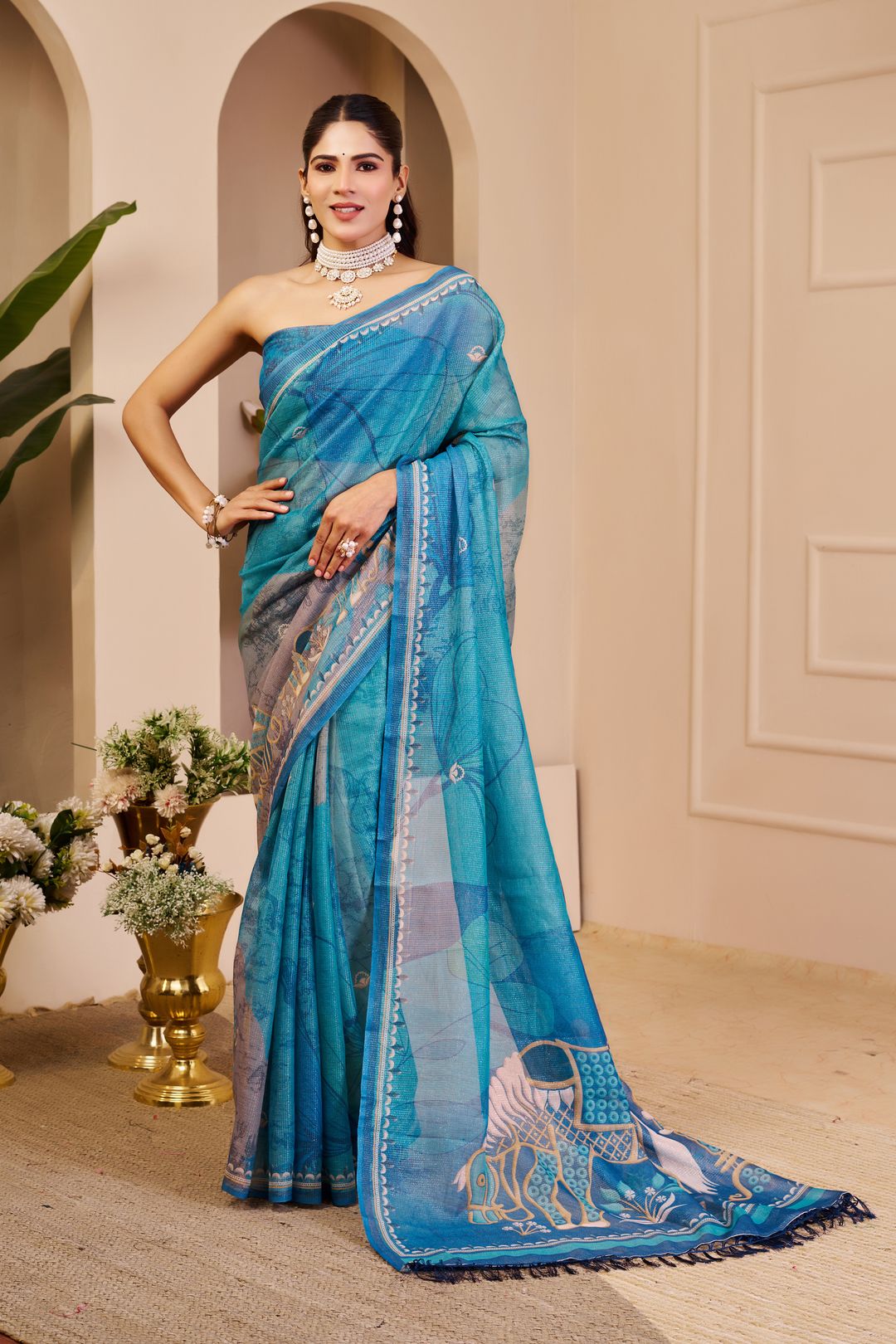 Varnavi Blue Tissue Handloom Cotton Saree with Floral Print