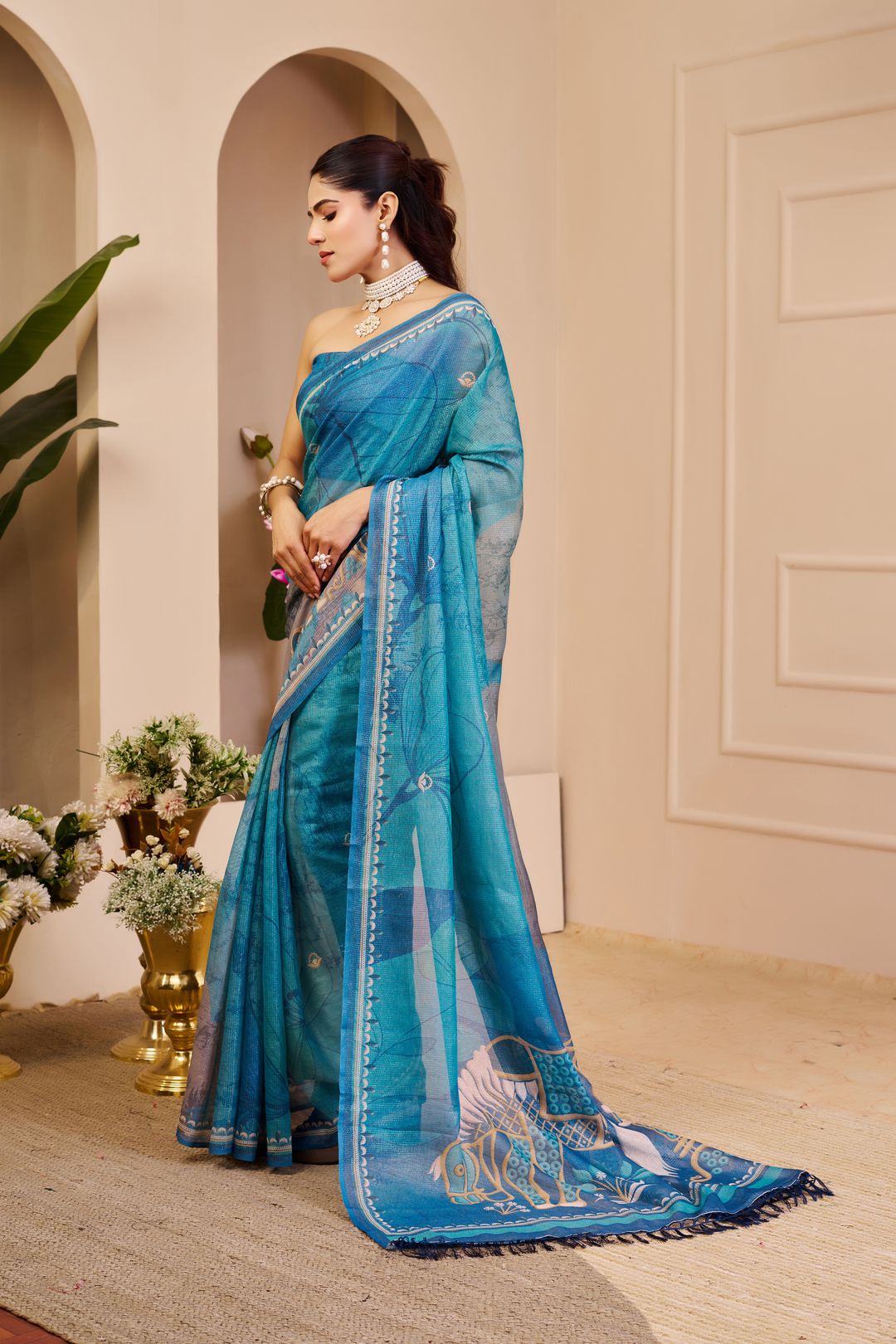 Varnavi Blue Tissue Handloom Cotton Saree with Floral Print