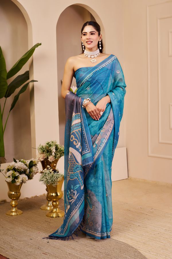 Varnavi Blue Tissue Handloom Cotton Saree with Floral Print