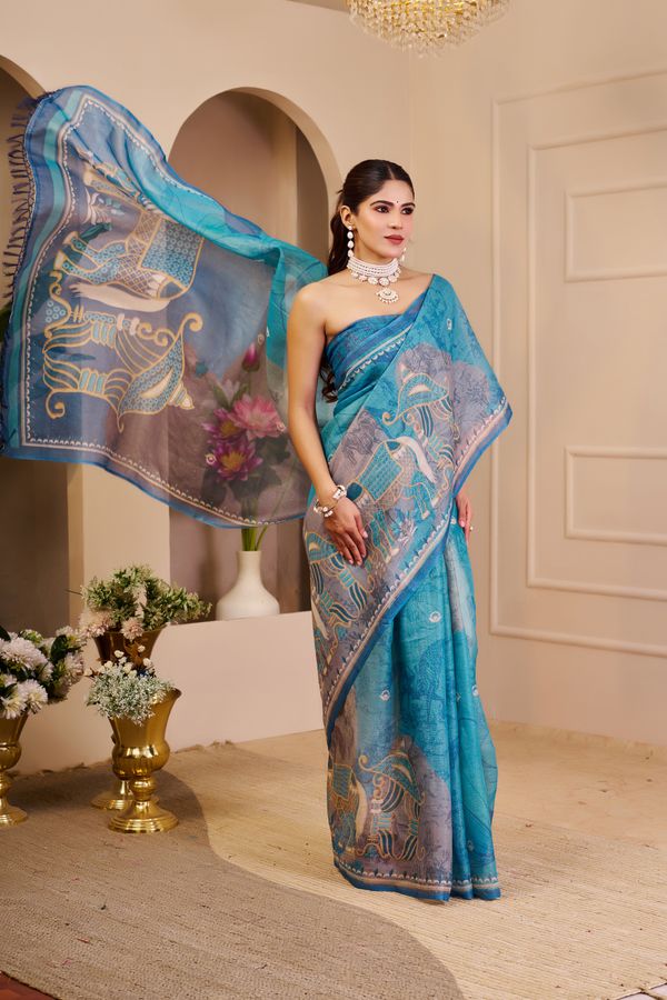 Varnavi Blue Tissue Handloom Cotton Saree with Floral Print