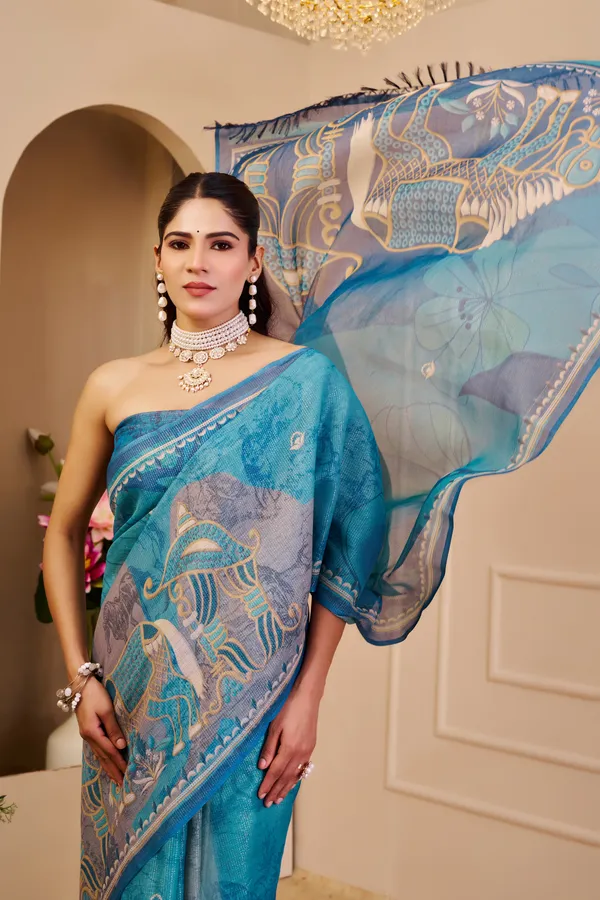 Varnavi Blue Tissue Handloom Cotton Saree with Floral Print