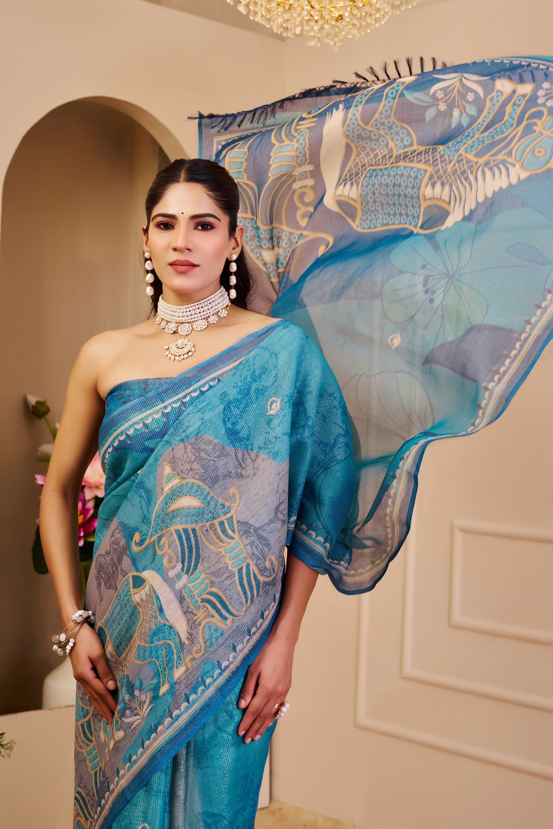 Varnavi Blue Tissue Handloom Cotton Saree with Floral Print