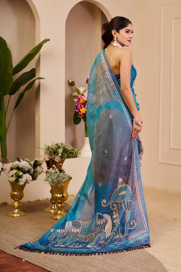 Varnavi Blue Tissue Handloom Cotton Saree with Floral Print