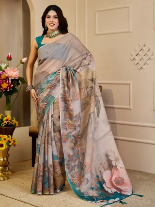 Cream Tissue Handloom Cotton Saree with Floral Zari Shimmer