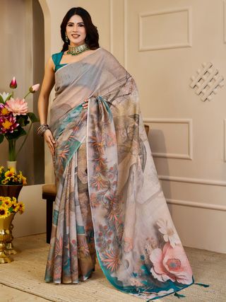 Cream Tissue Handloom Cotton Saree with Floral Zari Shimmer