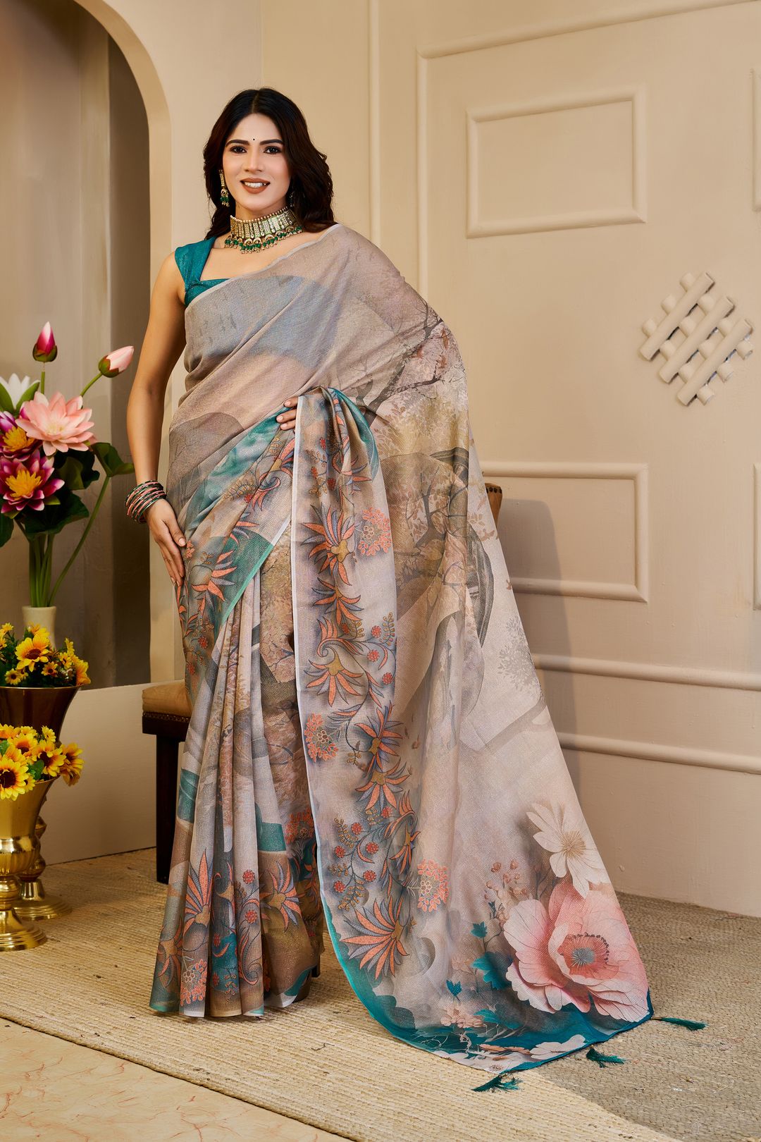 Cream Tissue Handloom Cotton Saree with Floral Zari Shimmer