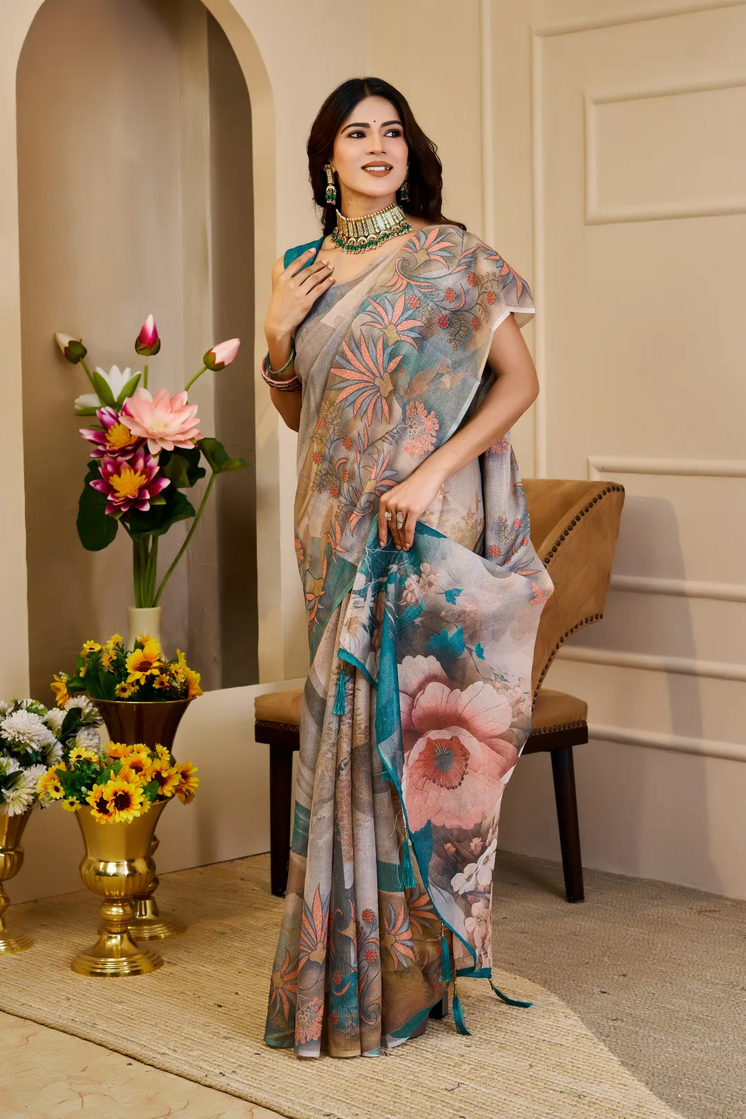 Cream Tissue Handloom Cotton Saree with Floral Zari Shimmer