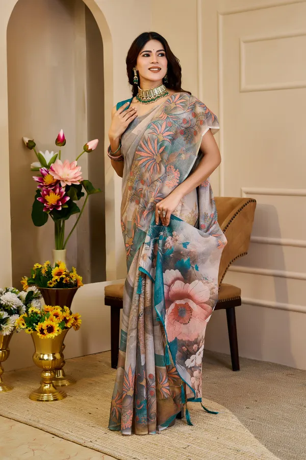 Cream Tissue Handloom Cotton Saree with Floral Zari Shimmer
