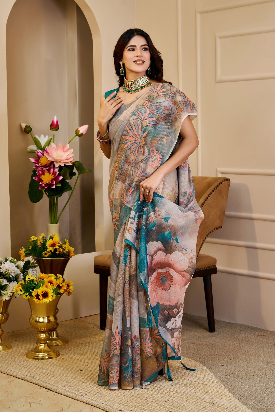 Cream Tissue Handloom Cotton Saree with Floral Zari Shimmer