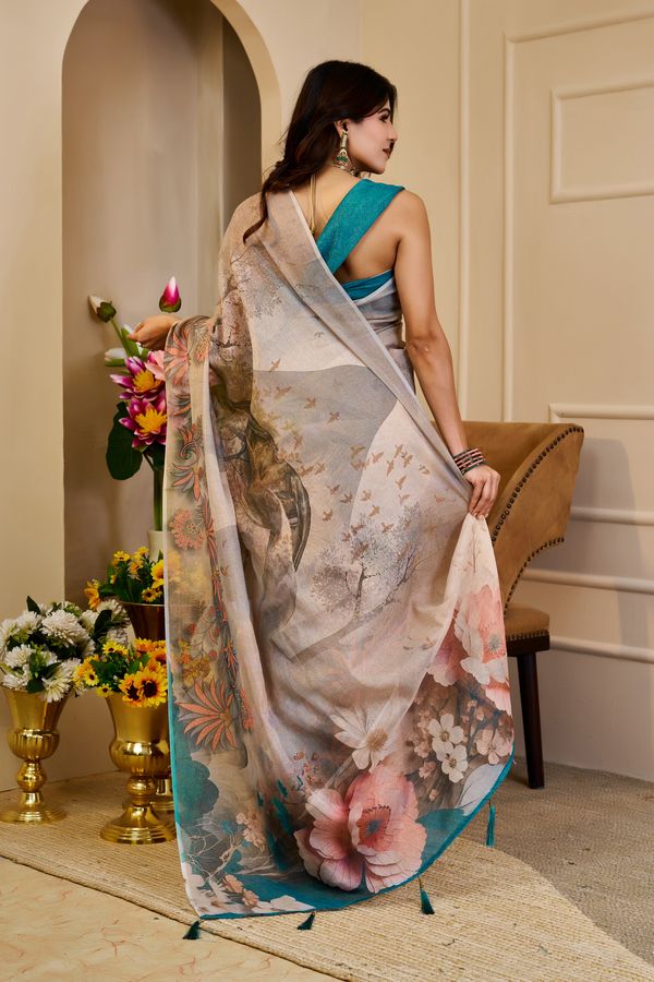 Cream Tissue Handloom Cotton Saree with Floral Zari Shimmer