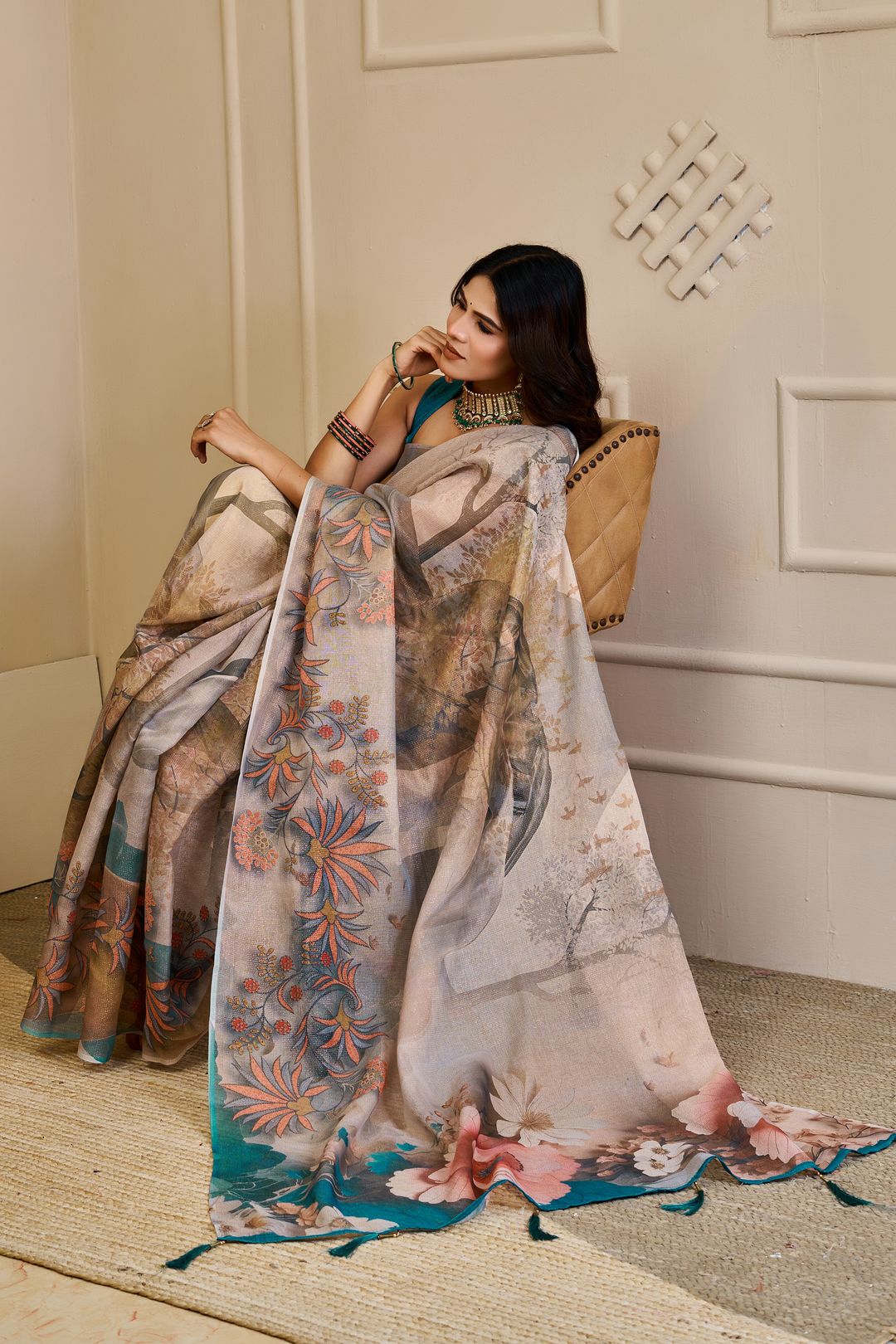 Cream Tissue Handloom Cotton Saree with Floral Zari Shimmer
