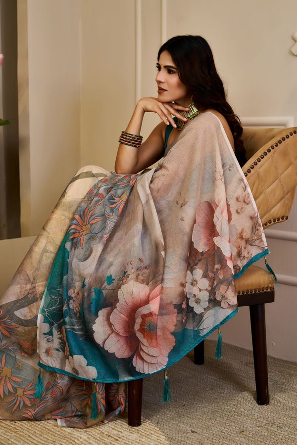 Cream Tissue Handloom Cotton Saree with Floral Zari Shimmer