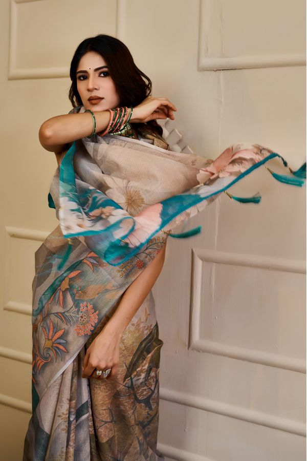 Cream Tissue Handloom Cotton Saree with Floral Zari Shimmer
