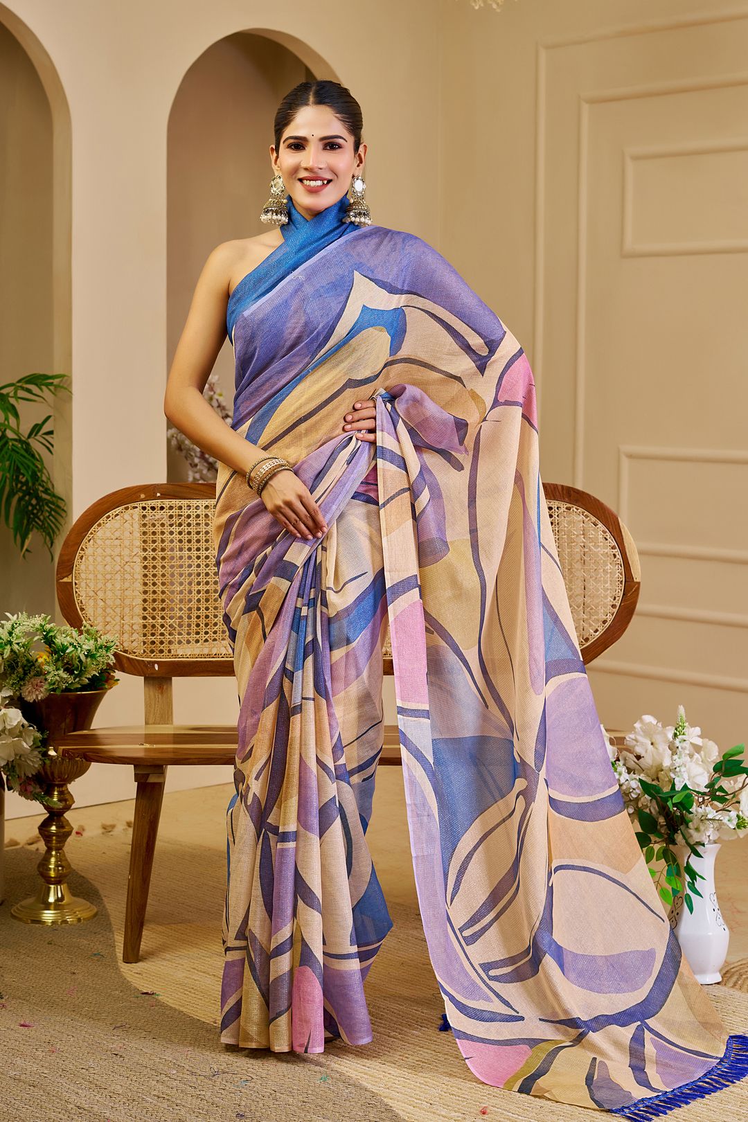 Cream Blue Floral Tissue Cotton Handloom Saree with Zari Shimmer
