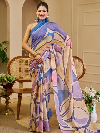 Cream Blue Floral Tissue Cotton Handloom Saree with Zari Shimmer