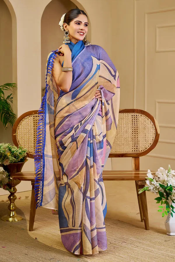 Cream Blue Floral Tissue Cotton Handloom Saree with Zari Shimmer