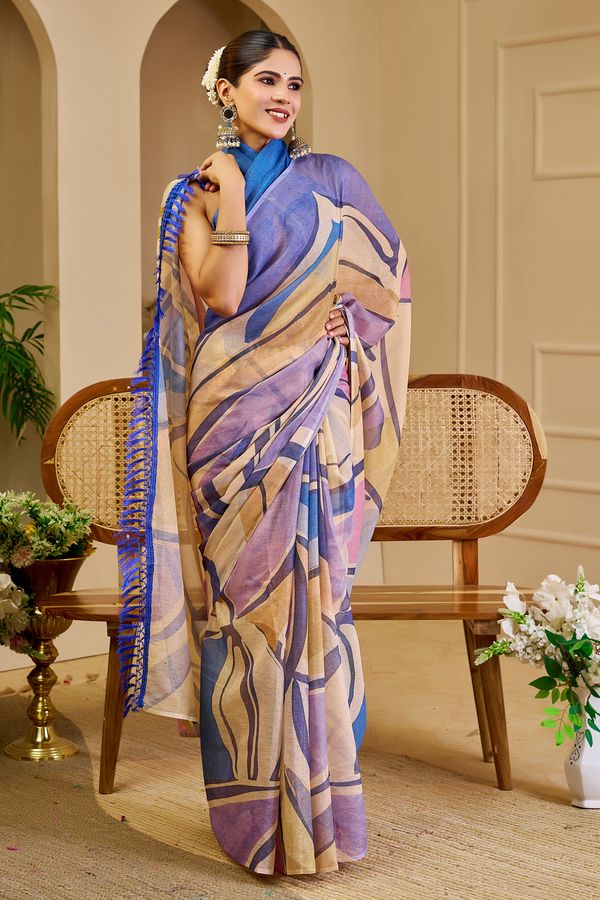 Cream Blue Floral Tissue Cotton Handloom Saree with Zari Shimmer
