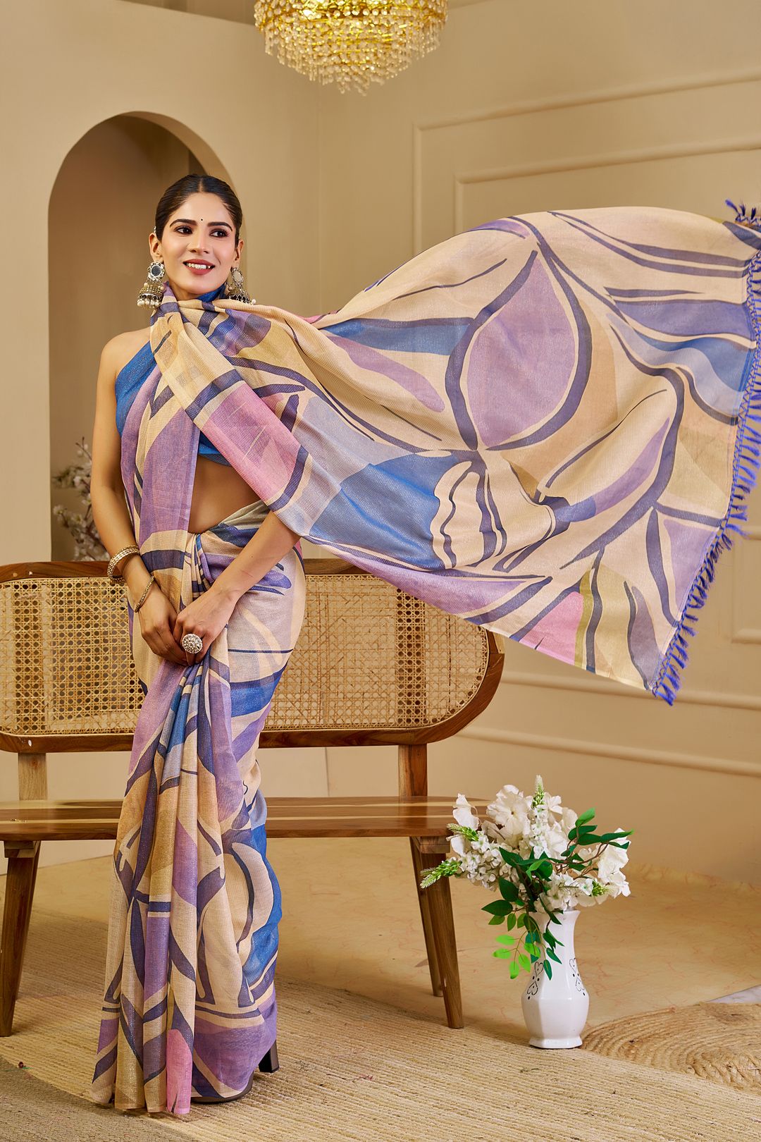 Cream Blue Floral Tissue Cotton Handloom Saree with Zari Shimmer
