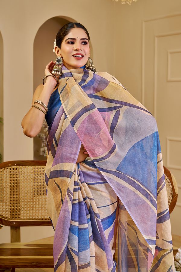 Cream Blue Floral Tissue Cotton Handloom Saree with Zari Shimmer