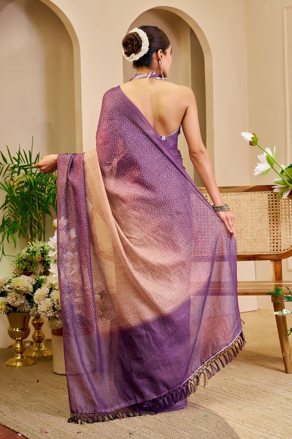 Purple Peach Tissue Handloom Cotton Saree with Zari Work