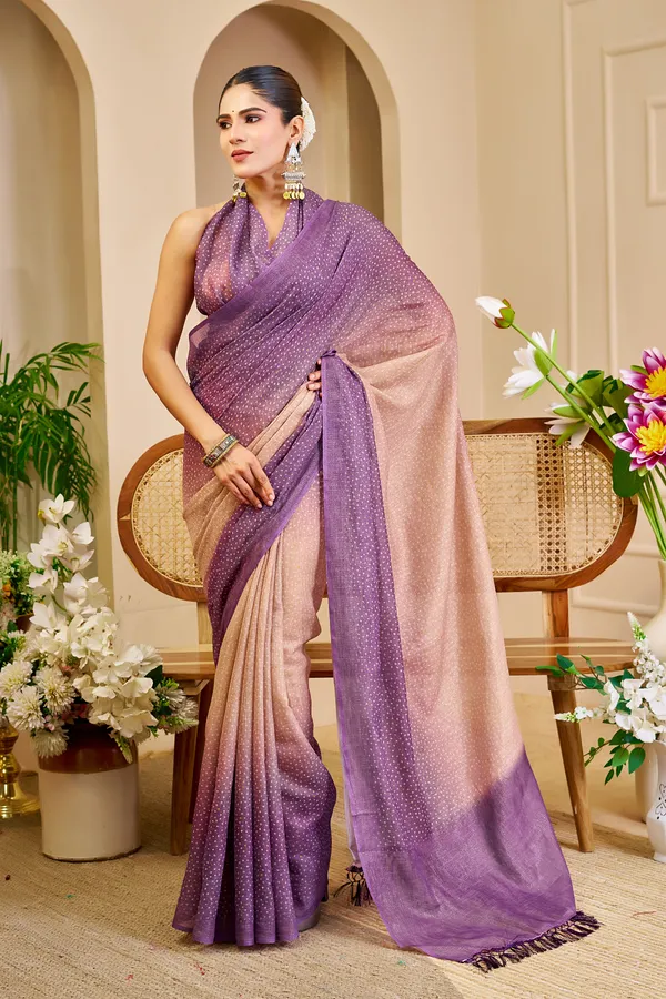 Purple Peach Tissue Handloom Cotton Saree with Zari Work