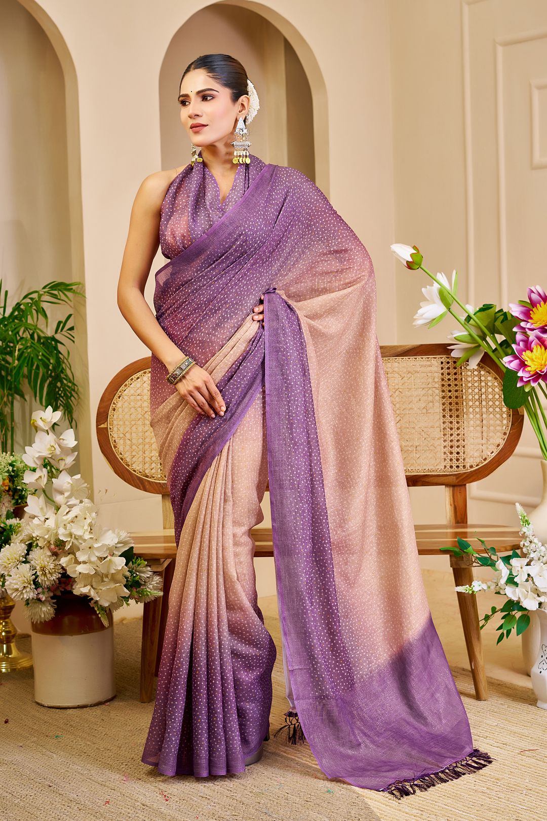 Purple Peach Tissue Handloom Cotton Saree with Zari Work