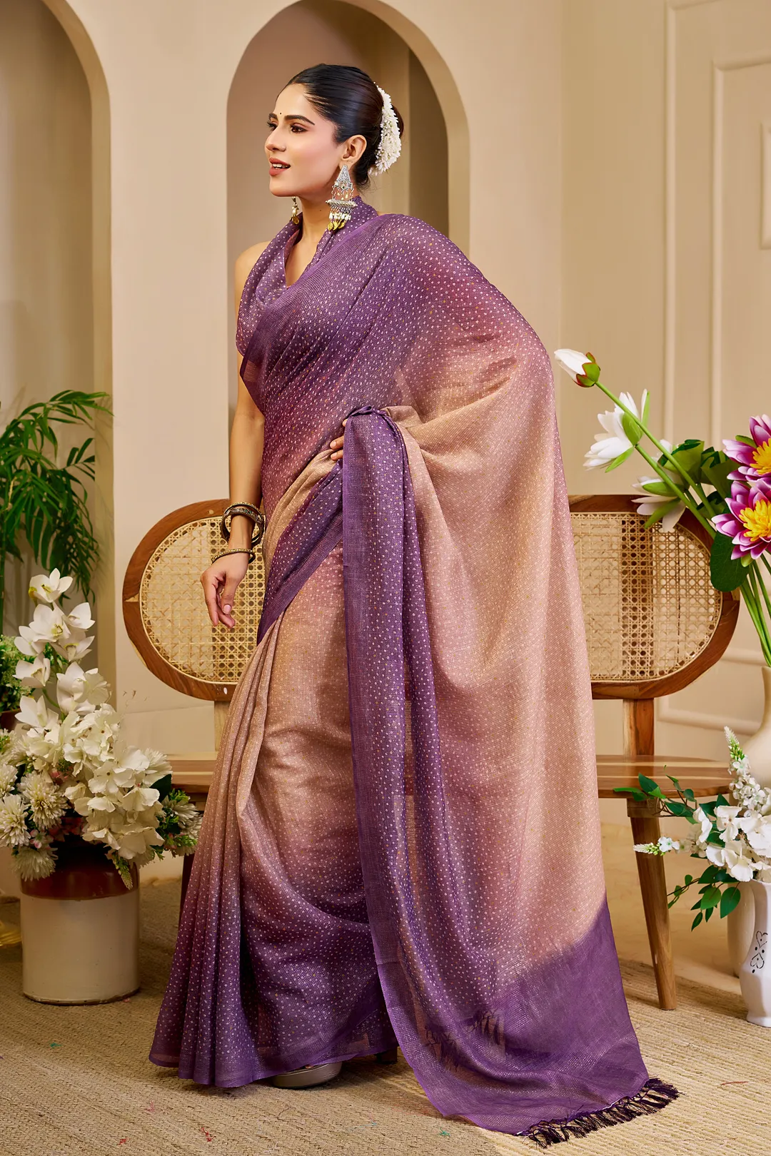 Purple Peach Tissue Handloom Cotton Saree with Zari Work