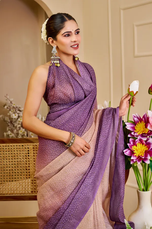 Purple Peach Tissue Handloom Cotton Saree with Zari Work