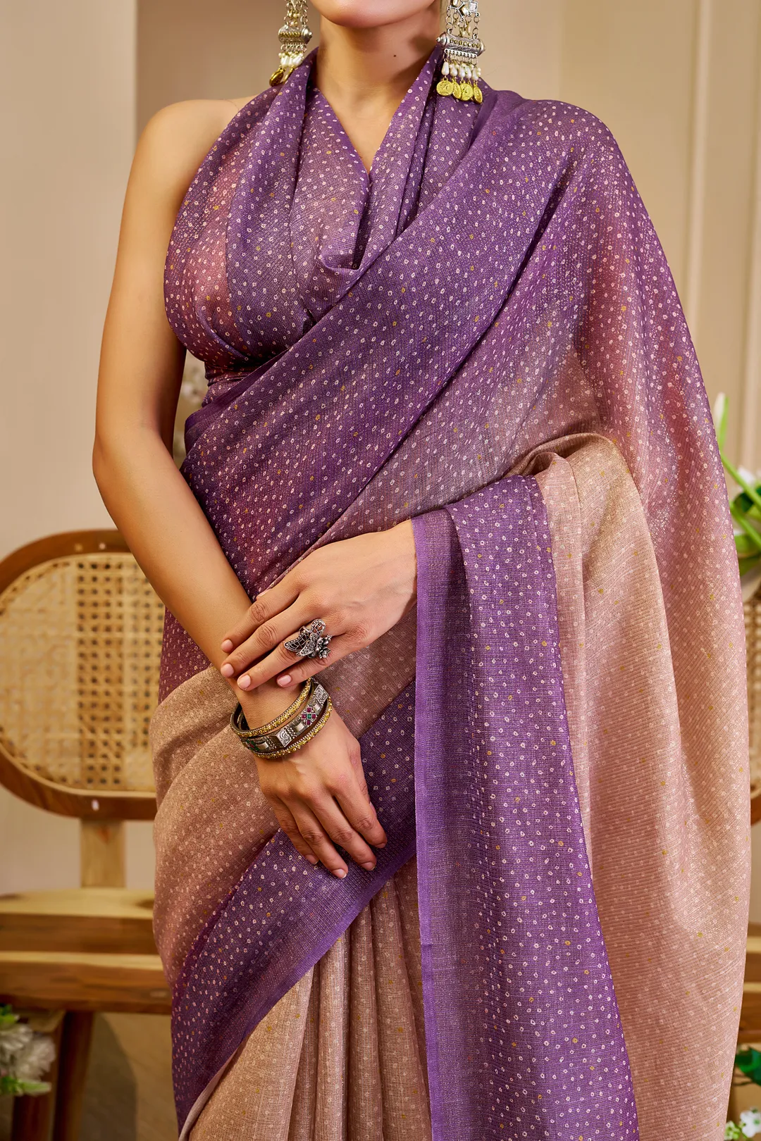 Purple Peach Tissue Handloom Cotton Saree with Zari Work