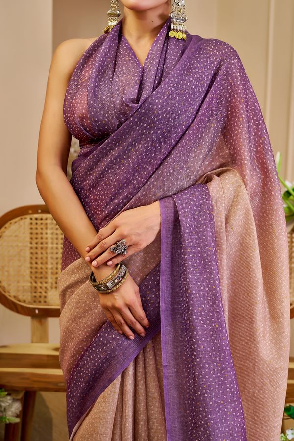 Purple Peach Tissue Handloom Cotton Saree with Zari Work