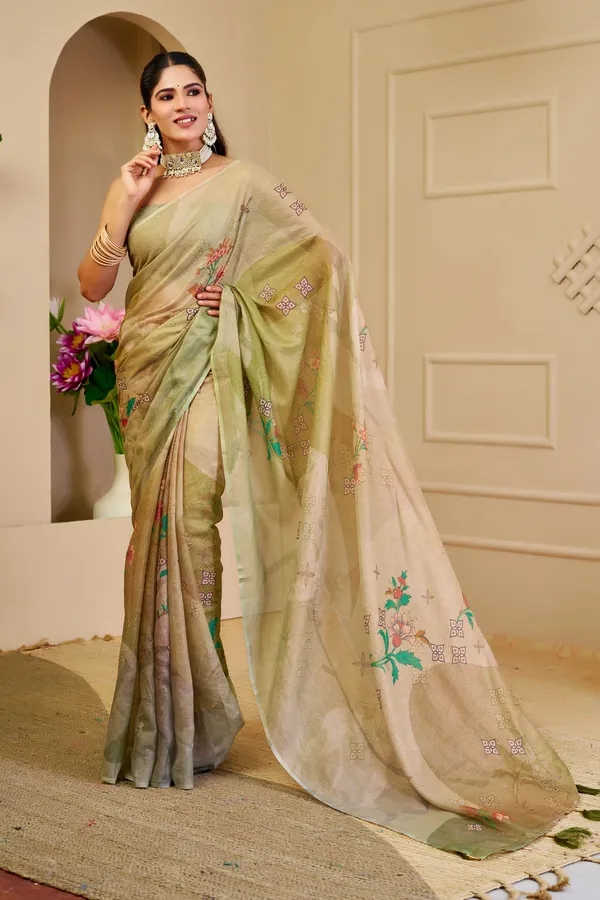 Cream Green Tissue Handloom Cotton Saree with Floral Print