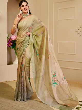 Cream Green Tissue Handloom Cotton Saree with Floral Print