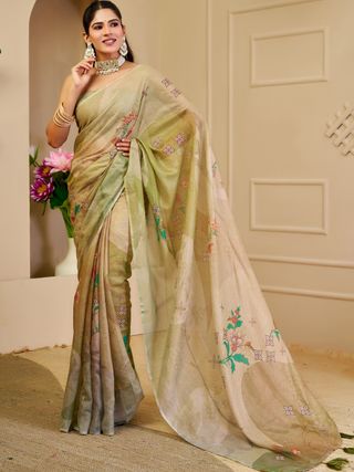 Cream Green Tissue Handloom Cotton Saree with Floral Print