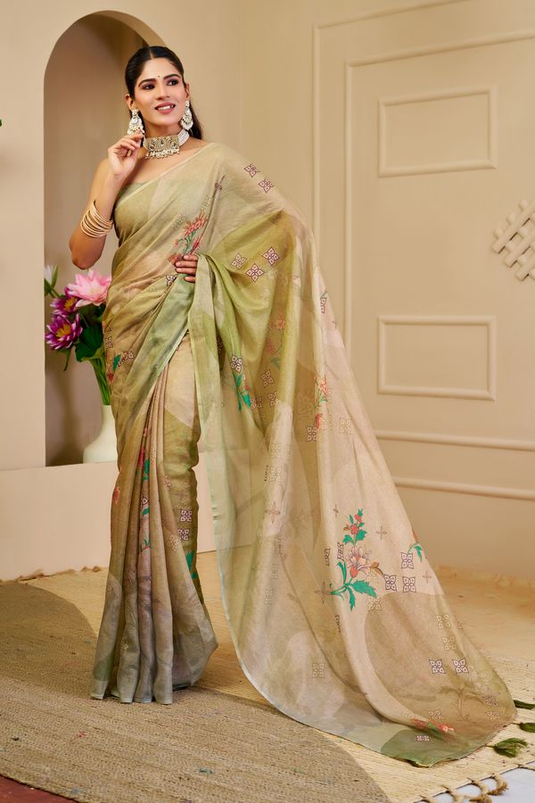 Cream Green Tissue Handloom Cotton Saree with Floral Print