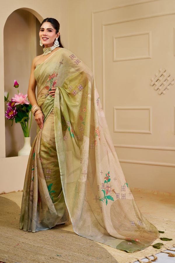 Cream Green Tissue Handloom Cotton Saree with Floral Print