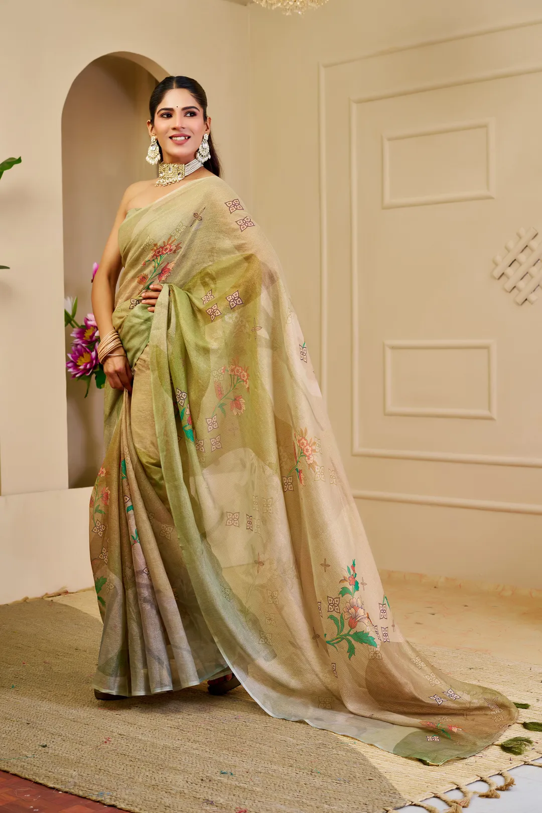 Cream Green Tissue Handloom Cotton Saree with Floral Print