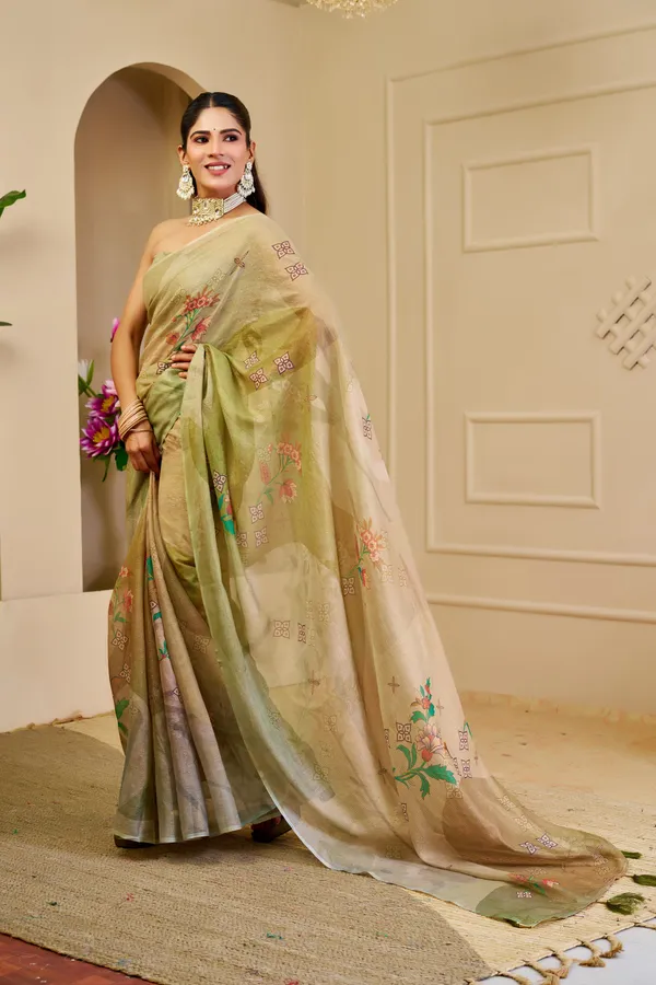 Cream Green Tissue Handloom Cotton Saree with Floral Print