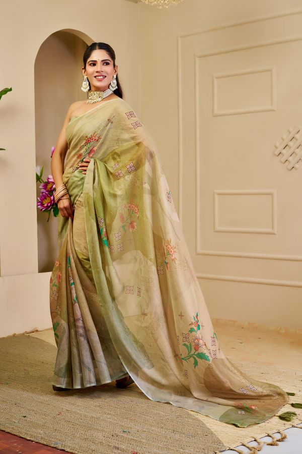 Cream Green Tissue Handloom Cotton Saree with Floral Print