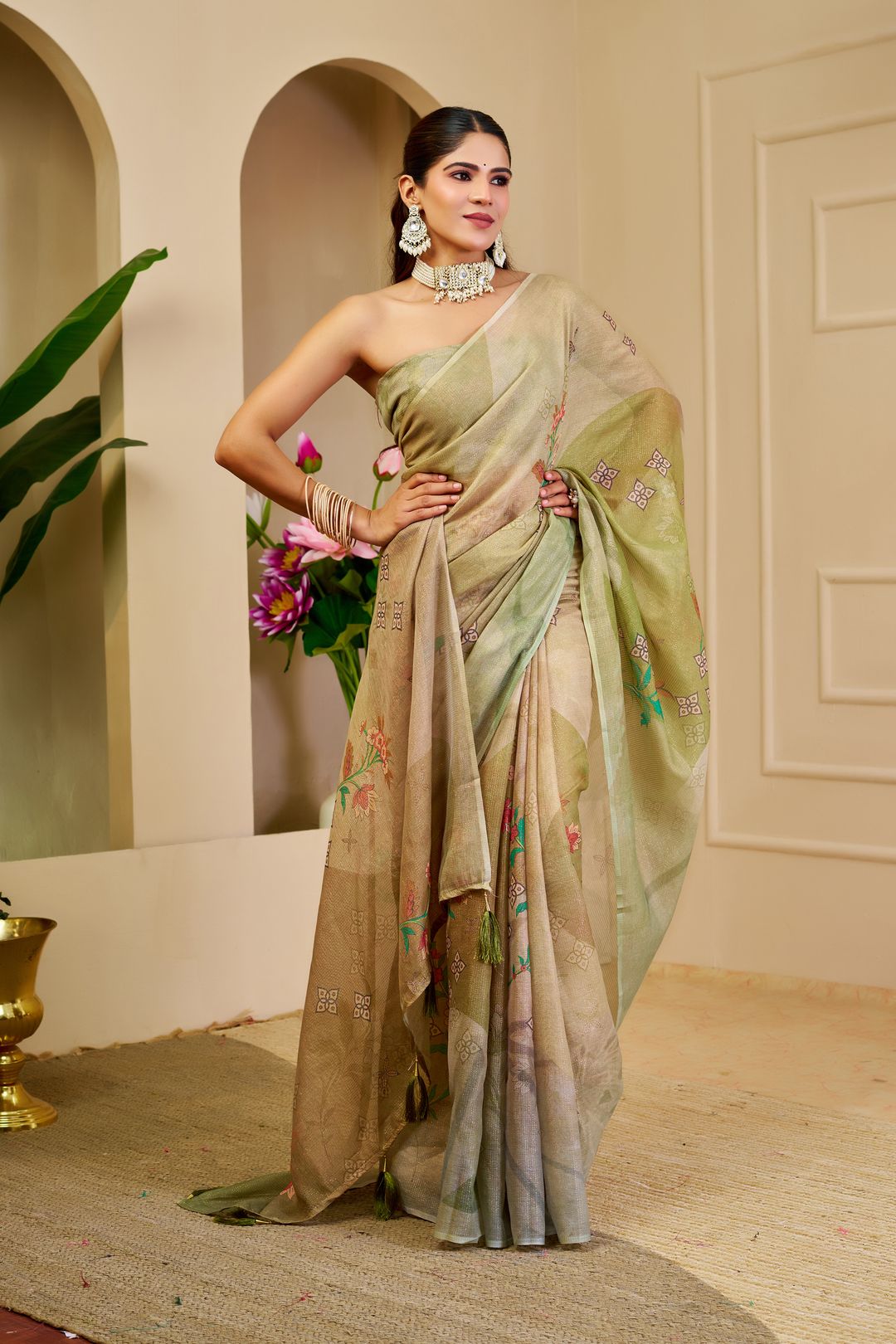 Cream Green Tissue Handloom Cotton Saree with Floral Print