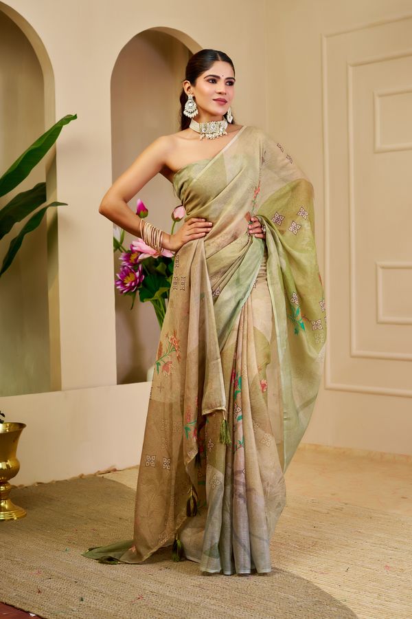 Cream Green Tissue Handloom Cotton Saree with Floral Print