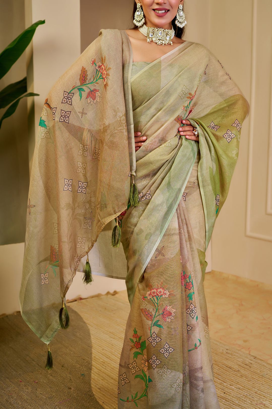 Cream Green Tissue Handloom Cotton Saree with Floral Print
