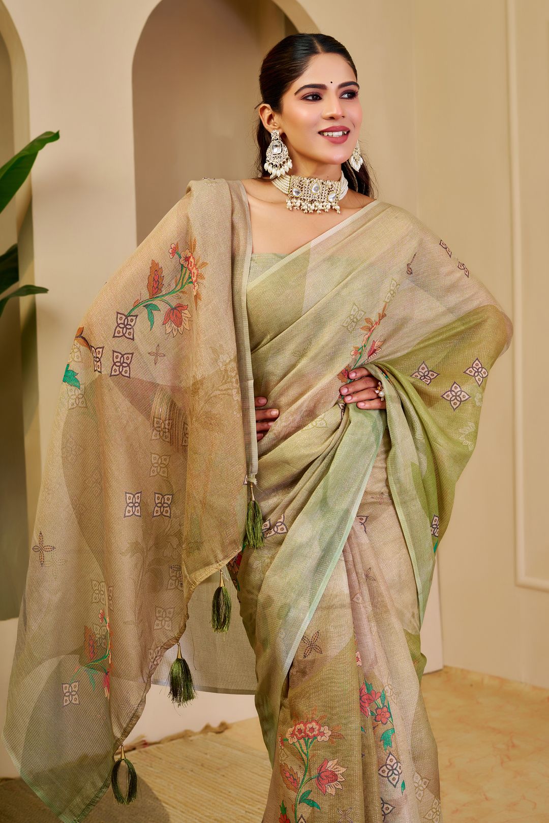 Cream Green Tissue Handloom Cotton Saree with Floral Print