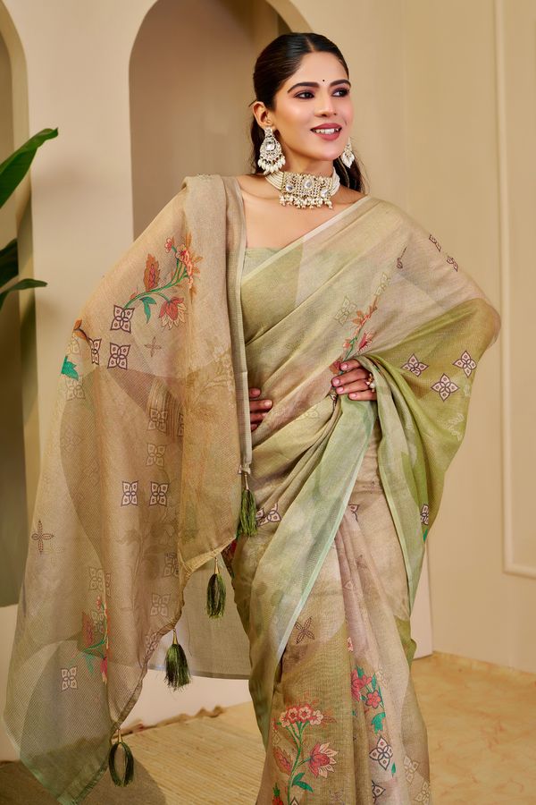 Cream Green Tissue Handloom Cotton Saree with Floral Print